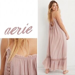 Aerie Pink Tan Maxi Dress with Crochet Detail Size Large Boho Beach Summer Dress